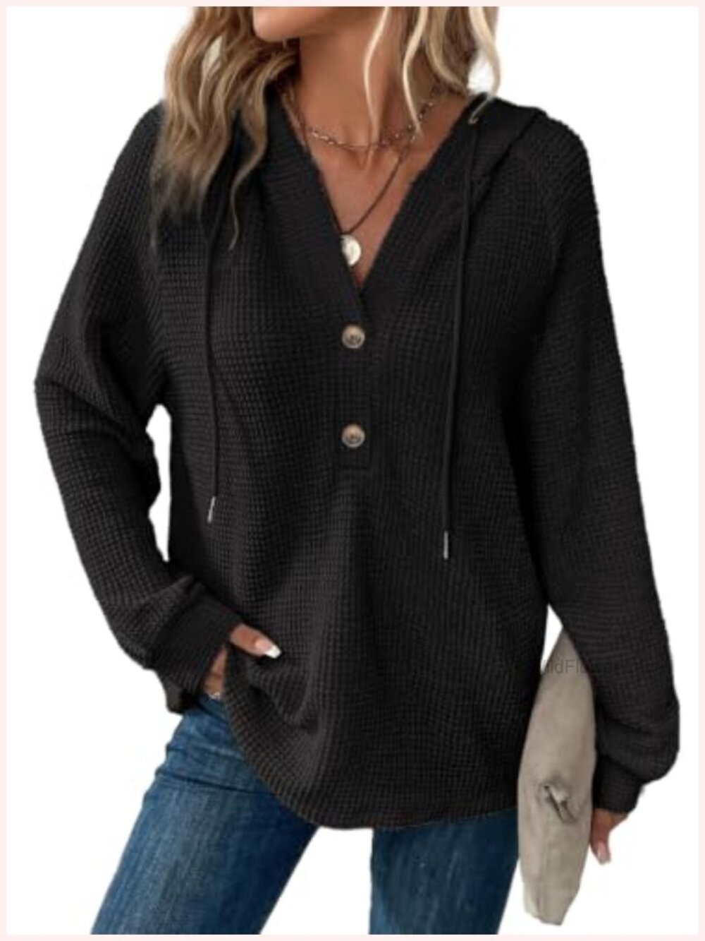 Waffle Knit Button V Neck Long Sleeve Oversized Fashion Hoodie
